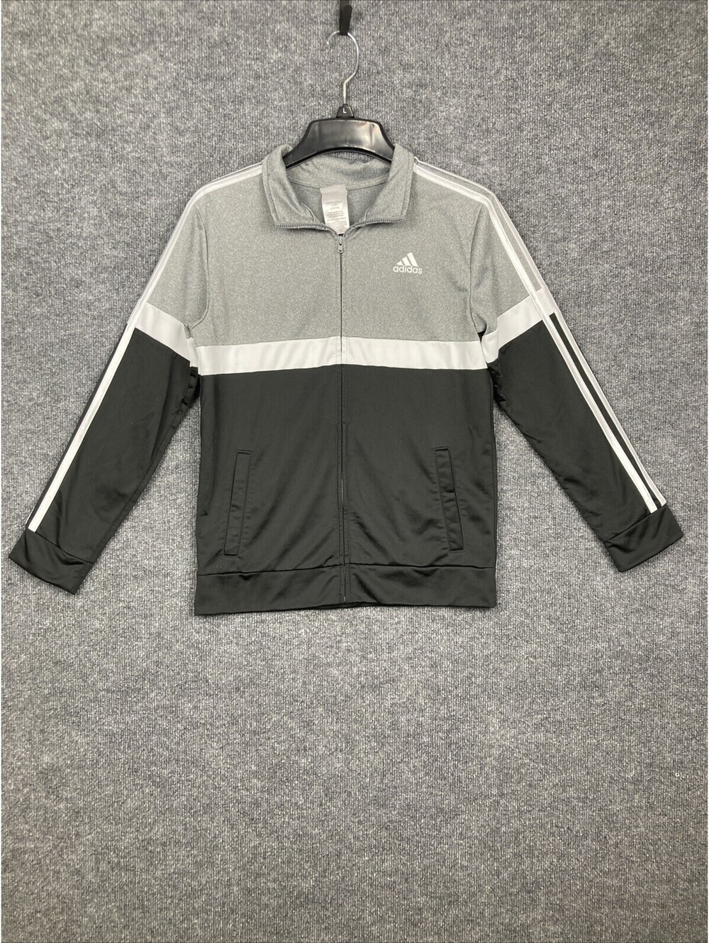 Adidas Boys Large 14/16 Black White Gray Pocket Full Zip Track Jacket MINT